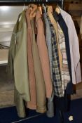 LADIES AND GENTS COATS, ETC, comprising mens Dunn & Co raincoat, approximate size 42/44, grey