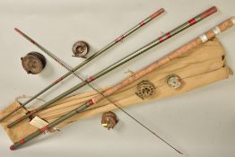 A GORDONS HOUSE OF HARDY FOUR SECTION 'MATCHQUEST' FIBRE GLASS 14FT FISHING ROD, transfers worn,