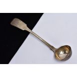 AN EARLY VICTORIAN SILVER SAUCE LADLE, of a fiddle pattern, engraved initial 'M' to the handle, worn