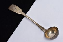 AN EARLY VICTORIAN SILVER SAUCE LADLE, of a fiddle pattern, engraved initial 'M' to the handle, worn