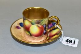 A 20TH CENTURY ROYAL WORCESTER PORCELAIN CABINET FRUIT STUDY COFFEE CAN AND SAUCER, decorated with