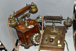 A VINTAGER TELCER TELEPHONE, inlaid wooden body, brass dial, brass bells and fittings, wooden and