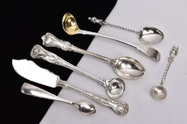 A SELECTION OF ENGLISH FLATWARE, to include an Old English pattern sauce spoon, with an engraved