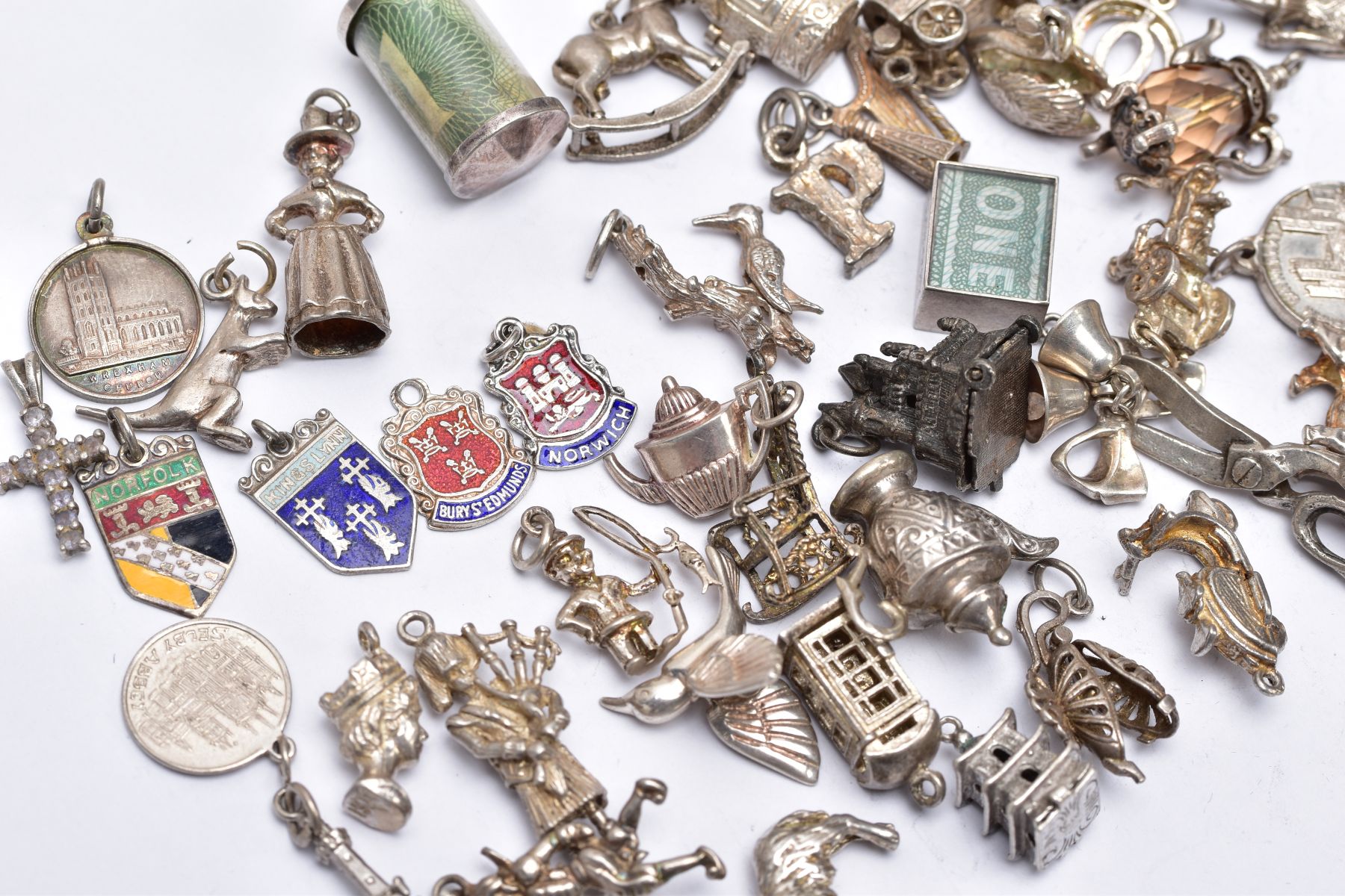 A QUANTITY OF SILVER AND WHITE METAL CHARMS, to include fifty six charms in various forms such as - Image 2 of 7