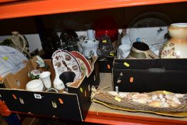 THREE BOXES AND LOOSE CERAMICS, GLASS, SHELLS, ETC, to include Wedgwood black jasperware vase and