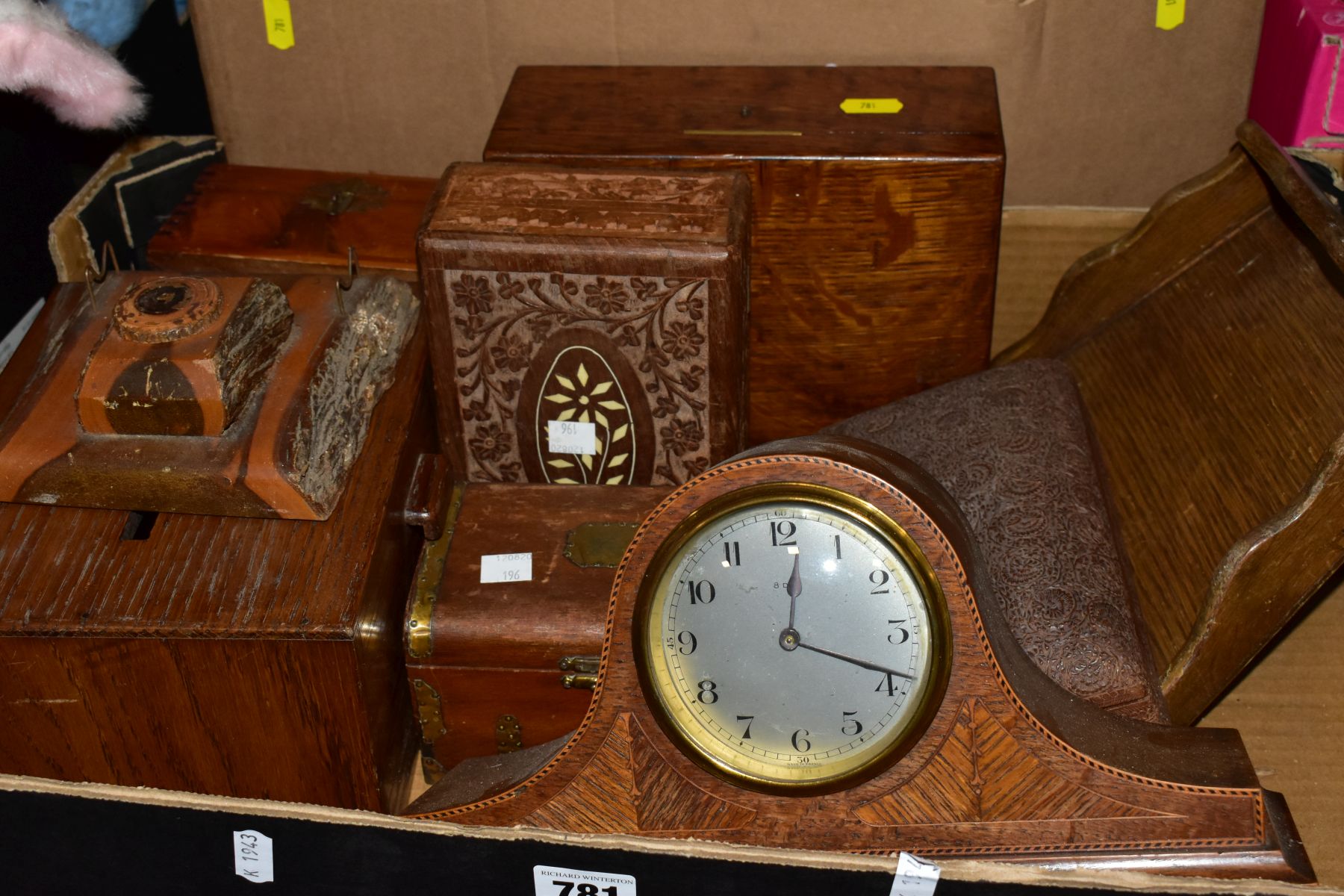 TWO BOXES OF WOODEN BOXES, BOOK RACK AND CLOCK, etc, to include mahogany workbox lacking interior - Image 2 of 3