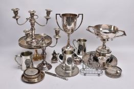 A BOX OF ASSORTED WHITE METALWARE, to include three pewter tankards, two sets with oval emblems