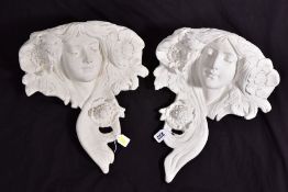 A PAIR OF LATE 20TH CENTURY 'ORNATE PRODUCTS' ART NOUVEAU STYLE LADY GARDEN WALL POCKETS, cast