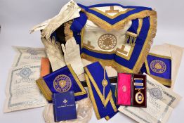 A BOX OF MASONIC REGALIA, a metal case with contents such as a cased yellow metal and blue enamel