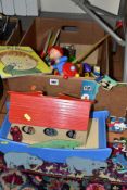 A BOX CONTAINING CHILDRENS TOYS, to include a wooden Noahs ark with animals, wooden shape cube,