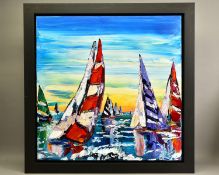 MAYA EVENTOV (RUSSIA 1964) 'THE SETTING SUN II' brightly coloured yachts under sail, signed lower