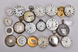A BOX OF ASSORTED POCKET WATCHES AND MOVEMENTS, to include a silver open faced pocket watch case