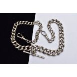 A STERLING SILVER ALBERT CHAIN, graduated curb link chain fitted with two lobster claw clasps,