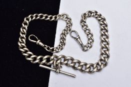 A STERLING SILVER ALBERT CHAIN, graduated curb link chain fitted with two lobster claw clasps,