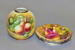 TWO PIECES OF 20TH CENTURY FRUIT PAINTED ROYAL WORCESTER, comprising a small globular vase decorated