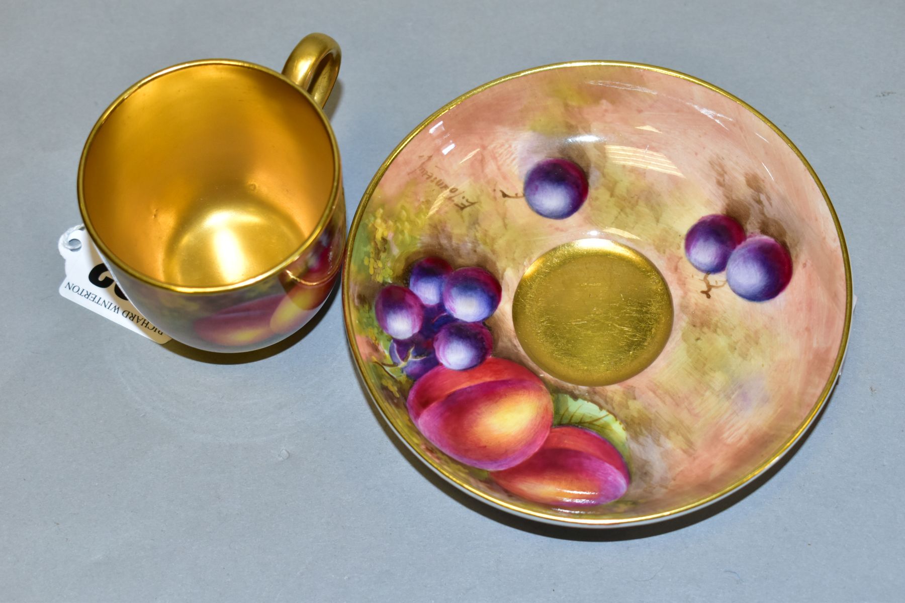 A ROYAL WORCESTER PORCELAIN CABINET FRUIT STUDY COFFEE CUP AND SEPARATE SAUCER, both decorated - Image 3 of 7