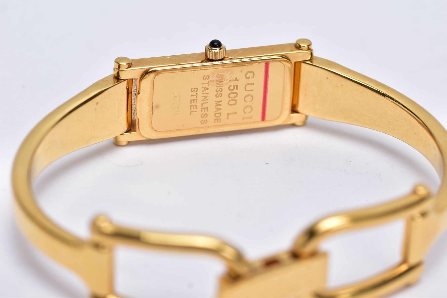 A LADIES GUCCI 1500L WRISTWATCH, the yellow metal wristwatch designed with a black rectangular - Image 6 of 6