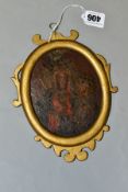 AN OVAL GILT FRAMED DOUBLE SIDED ICON, depicting Madonna and Child oil on metal, one side with