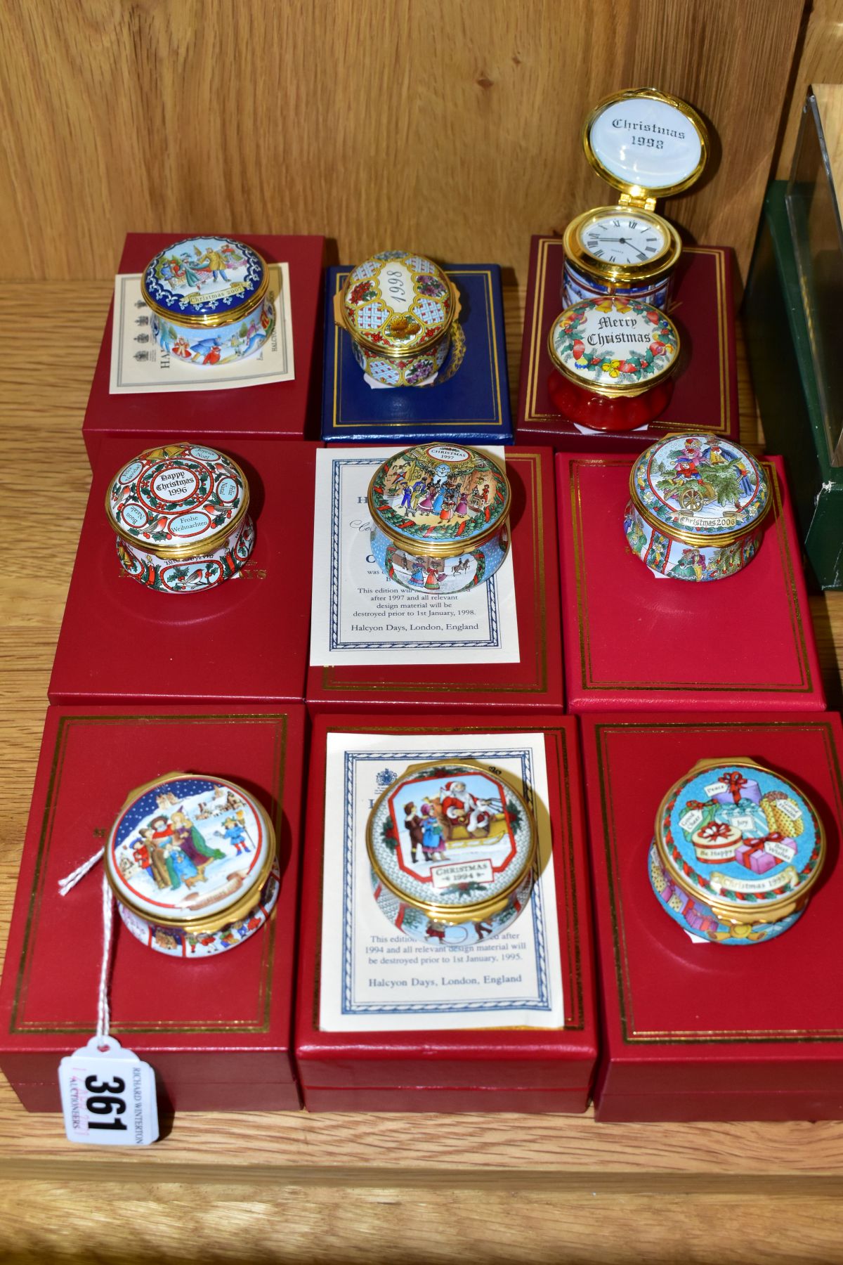 SEVEN BOXED HALCYON DAYS CHRISTMAS ENAMEL BOXES, 1993, 1994 with certificate, 1995, 1996, 1997