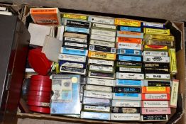 TWO BOXES OF PRE RECORDED EIGHT TRACK CASSETTES, four track tape, Ingersoll Computer games, etc,
