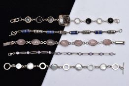 A BAG OF ASSORTED SILVER AND WHITE METAL BRACELETS, to include a silver line bracelet set with ten