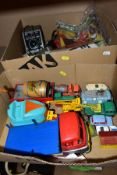 A QUANTITY OF UNBOXED AND ASSORTED PLAYWORN DIECAST AND PLASTIC VEHICLES, to include Dinky Supertoys