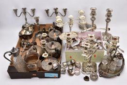 A BOX OF METALWARE AND A BOX OF FLATWARE, to include EPNS, EP, candlesticks, dwarf candle sticks,