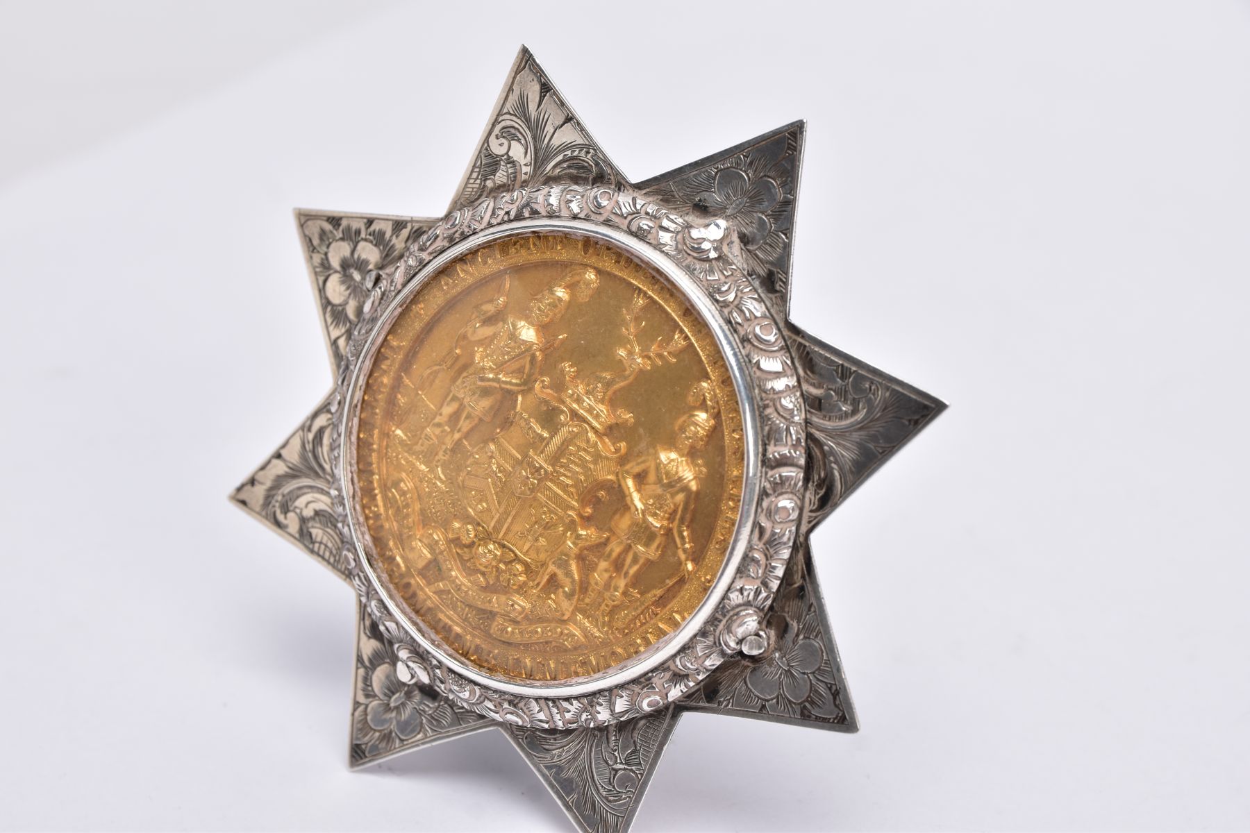 A MID VICTORIAN SILVER CHIEF RANGERS MASONIC MEDAL, star form with an engraved floral design, set - Image 2 of 6