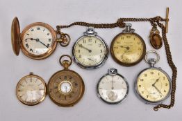 SEVEN POCKET WATCHES, to include a gold-plated full hunter watch with a round white dial, Roman