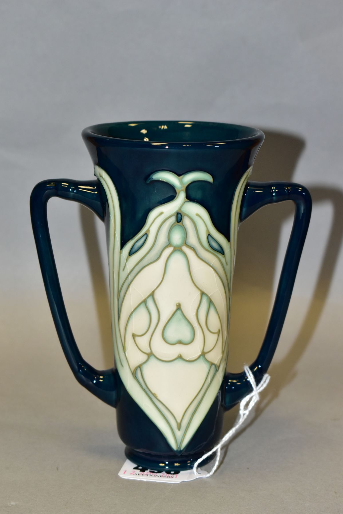 A MOORCROFT POTTERY COLLECTORS CLUB TWIN HANDLED VASE, 'Snowdrop' pattern designed by Rachel Bishop, - Image 3 of 6