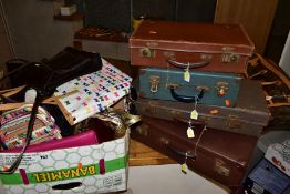 A BOX AND LOOSE, VARIOUS HANDBAGS, SUITCASES ETC, to include Brexton Picnic case and contents a