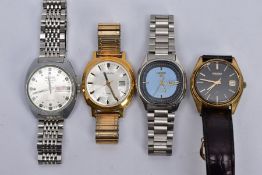 FOUR GENTS WRISTWATCHES, to include a 'Seiko Automatic, 17 jewels', with a round black dial, date