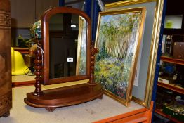 A LATE VICTORIAN WALNUT SWING TOILET MIRROR, arched mirror frame on bobbin turned supports, D shaped