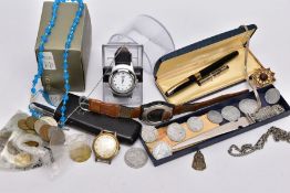 A BOX OF ASSORTED ITEMS, to include a cased black and gold trim 'Shaffer' fountain pen, nib