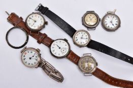 A BAG OF ASSORTED SILVER AND WHITE METAL WRISTWATCHES AND WATCH CASES, to include a silver watch