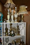 A QUANTITY OF VARIOUS TABLE LIGHTS, FITTINGS etc, to include a Moorcroft pottery and resin table