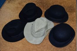 A BOX OF VARIOUS HATS, comprising two black bowler hats (Herbert Johnson size 6 1/8 and a British