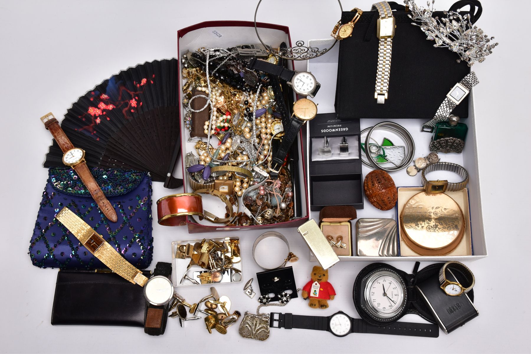 TWO BOXES OF COSTUME JEWELLERY AND ITEMS, to include a single, yellow metal non-pierced earring