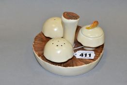 A CARLTON WARE MUSHROOM SHAPED CRUET SET AND STAND, comprising salt, pepper (chip to one hole and no