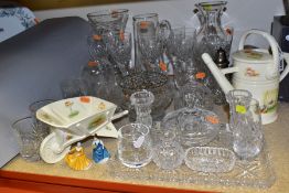 A GROUP OF CUT GLASS AND CERAMICS, to include Aynsley 'Edwardian Kitchen Garden' watering can and