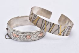 A SILVER BANGLE AND A WHITE METAL CUFF, the silver hinged bangle, with a decorative rose gold tone