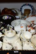 TWO BOXES OF TEAWARES AND ASSORTED CERAMICS, including a Royal Doulton 'Tumbling Leaves' part tea