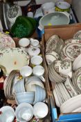 THREE BOXES OF CERAMICS AND GLASSWARE, including a Johnson Brothers 'Indian Tree' pattern dinner
