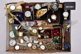 A BOX OF ASSORTED WRISTWATCHES, BROOCHES, PENS AND OTHERS, to include a quantity of ladies and