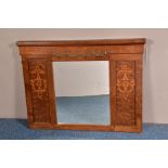 AN EARLY 20TH CENTURY OVERMANTEL MIRROR, satin wood inlay to side panel, gilt swag decoration to the