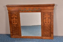 AN EARLY 20TH CENTURY OVERMANTEL MIRROR, satin wood inlay to side panel, gilt swag decoration to the