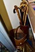 A QUANTITY OF METALWARE, WALKING STICKS, etc, including an Edwardian brass brush and crumb tray, a