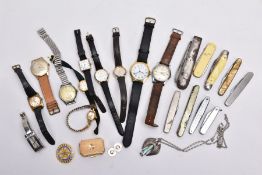 A BOX OF ASSORTED ITEMS, to include a box of assorted ladies and gents wristwatches with names