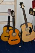 A CLIFTON ACOUSTIC GUITAR, with soft case and two classical guitars, together with a guitar stand (