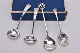 A SELECTION OF SILVER FLATWARE, to include an Edwardian sauce spoon with a shell shaped bowl,